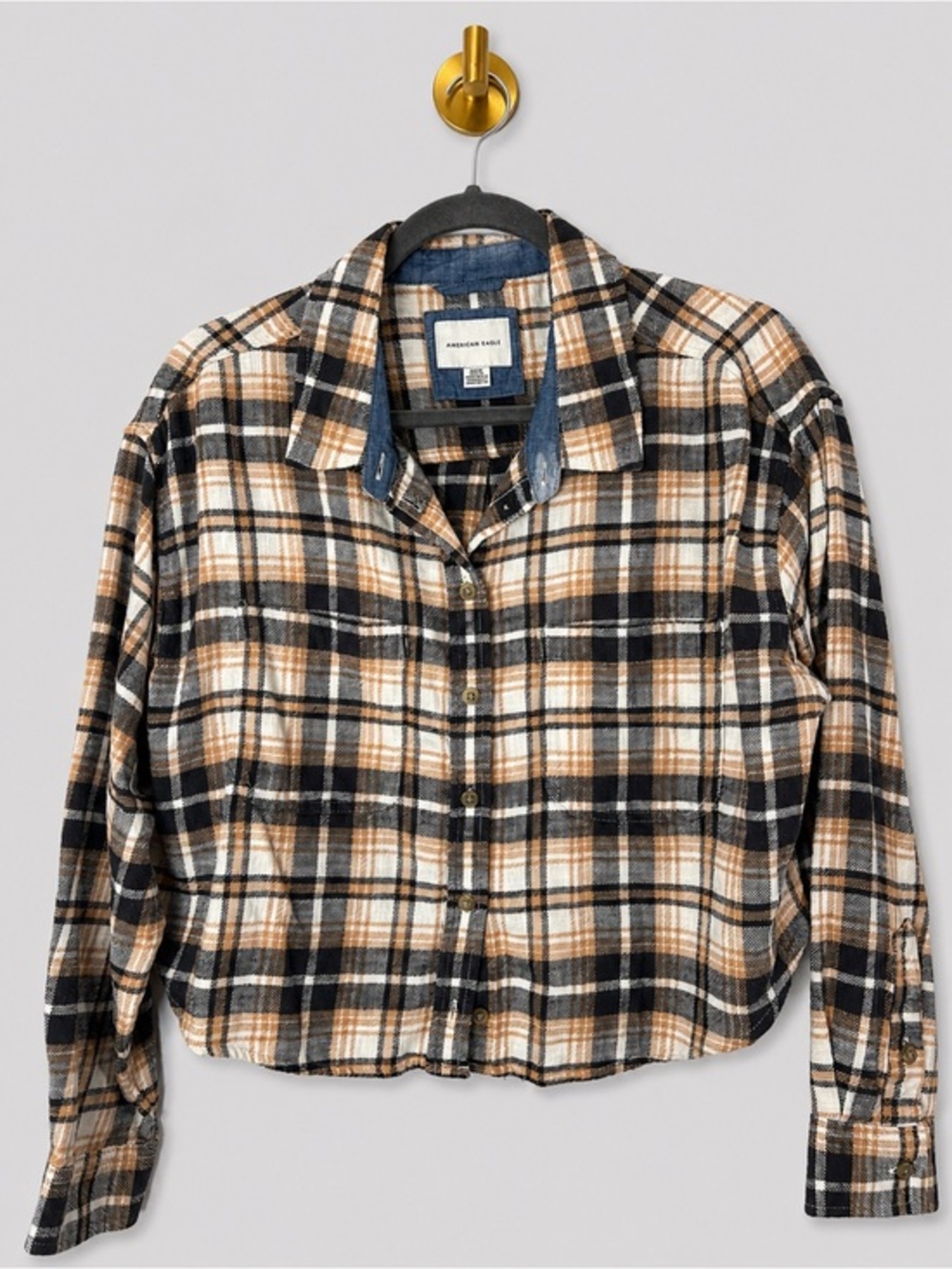 American Eagle Plaid Flannel Button Front Shirt Brown Black Cropped Shacket
